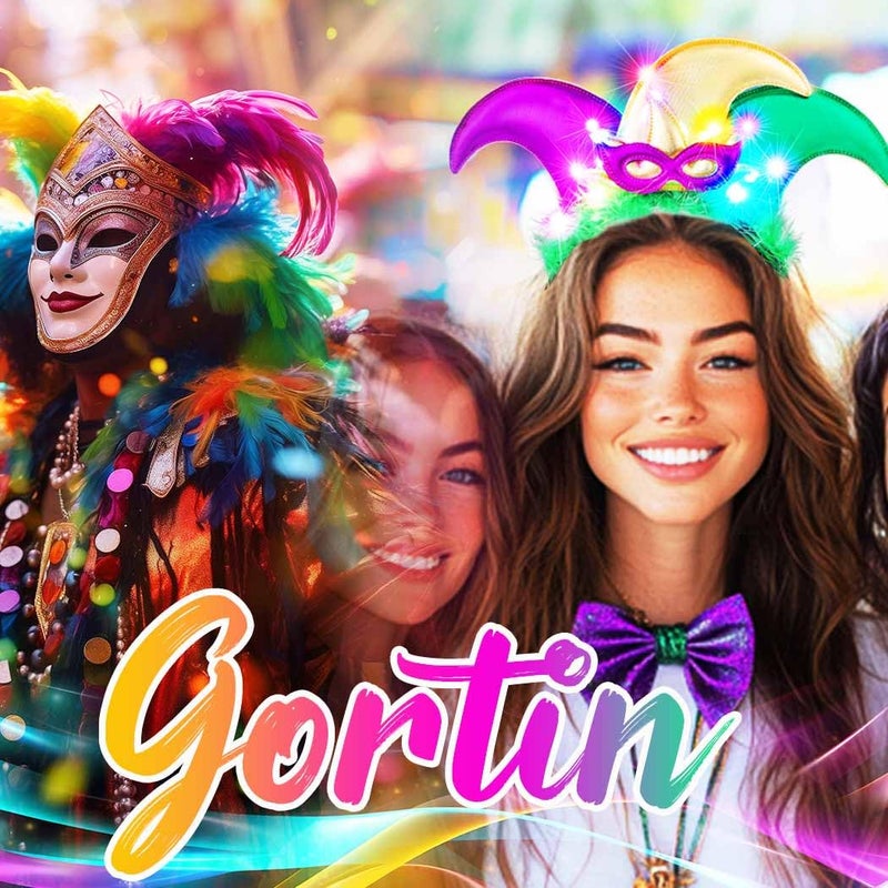 GORTIN Mardi Gras Jester Hat Headband Light Up Carnival Headpiece Purple Green and Gold Costume Hair Accessories for Women - Image 3
